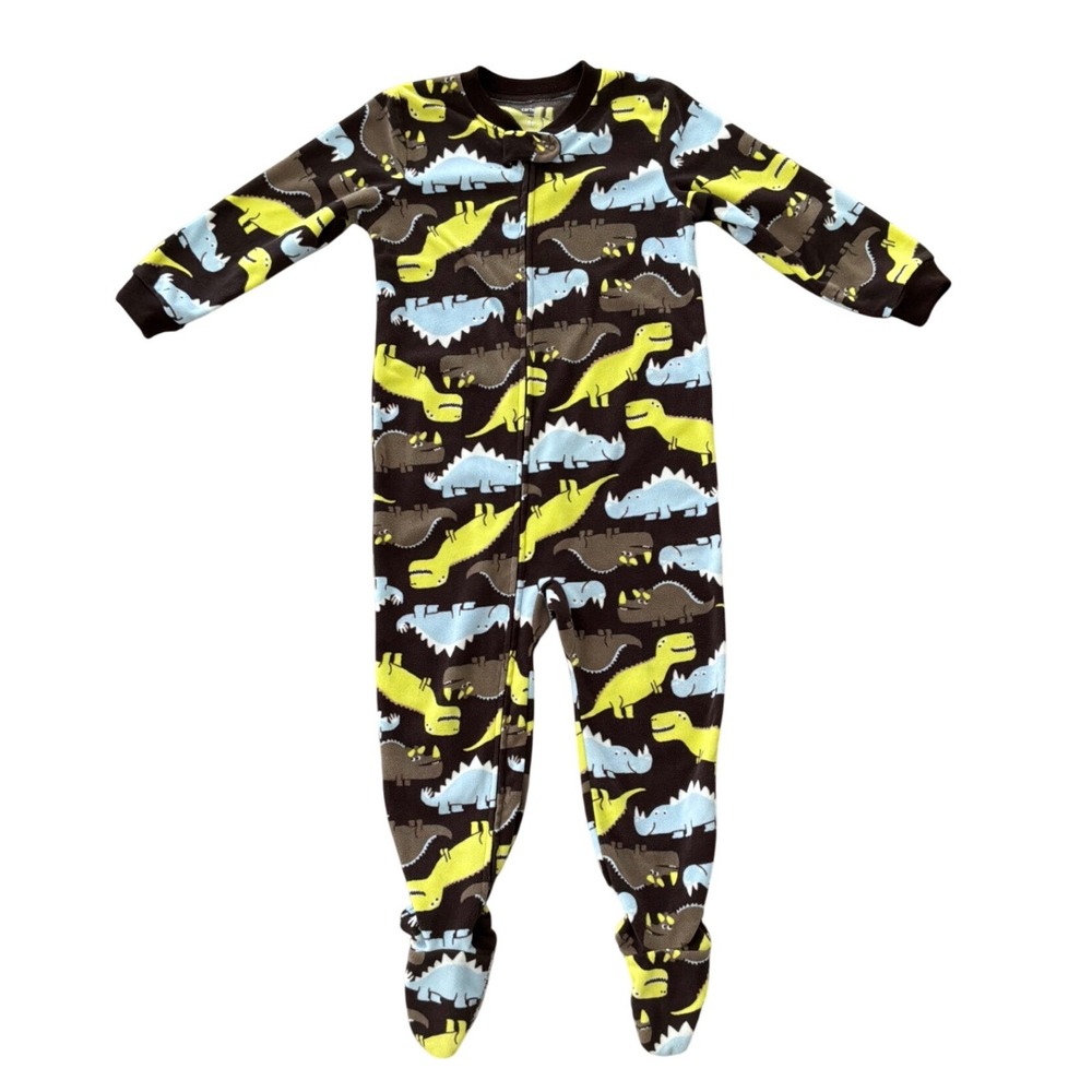 Carters Boys 4T Dinosaur‎ Fleece Footed Pajamas Brown Blue Green Zip Sleeper